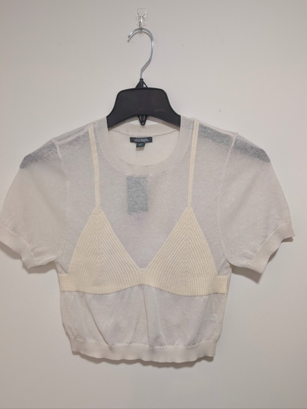 wild fable | Sheer Knit Layered Bralette Short Sleeve Top In Off-White